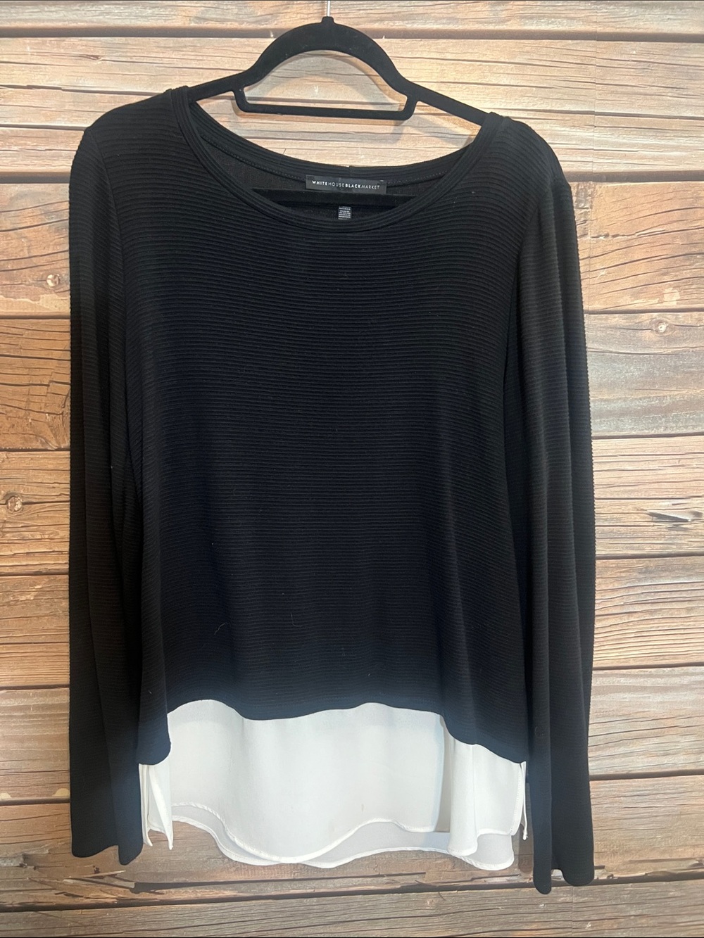 White House Black Market Black Long Sleeve Top with White Layered Hem